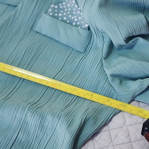 Vintage 80s 90s Teal Green Crinkle Midi Dress & Long Duster Jacket 2pc Set - Picture 13 of 16